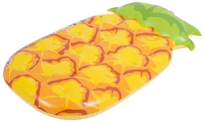 Uppblåsbar badmadrass formad som en ananas med gul och orange kropp samt grön topp. Tillverkad av slitstark vinyl, perfekt för pool eller strand.