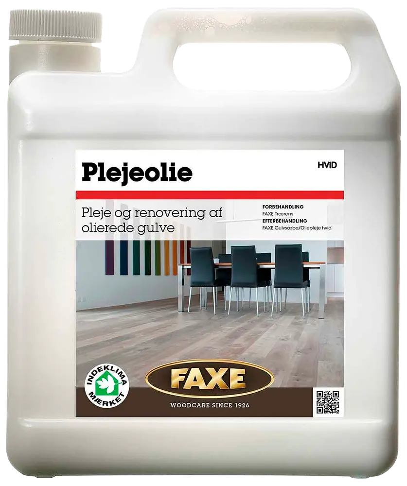 Plastdunk med Faxe hvid plejeolie til pleje og renovering af olierede trægulve. Egnet til indendørs brug, miljømærket, med skruelåg og bærehåndtag.