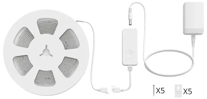 Smart LED-lysbåndssæt med fleksibel lysstribe på rulle, strømforsyning, kontrolenhed og stik. Velegnet til tilpasset belysning, nem installation og app- eller stemmestyring.