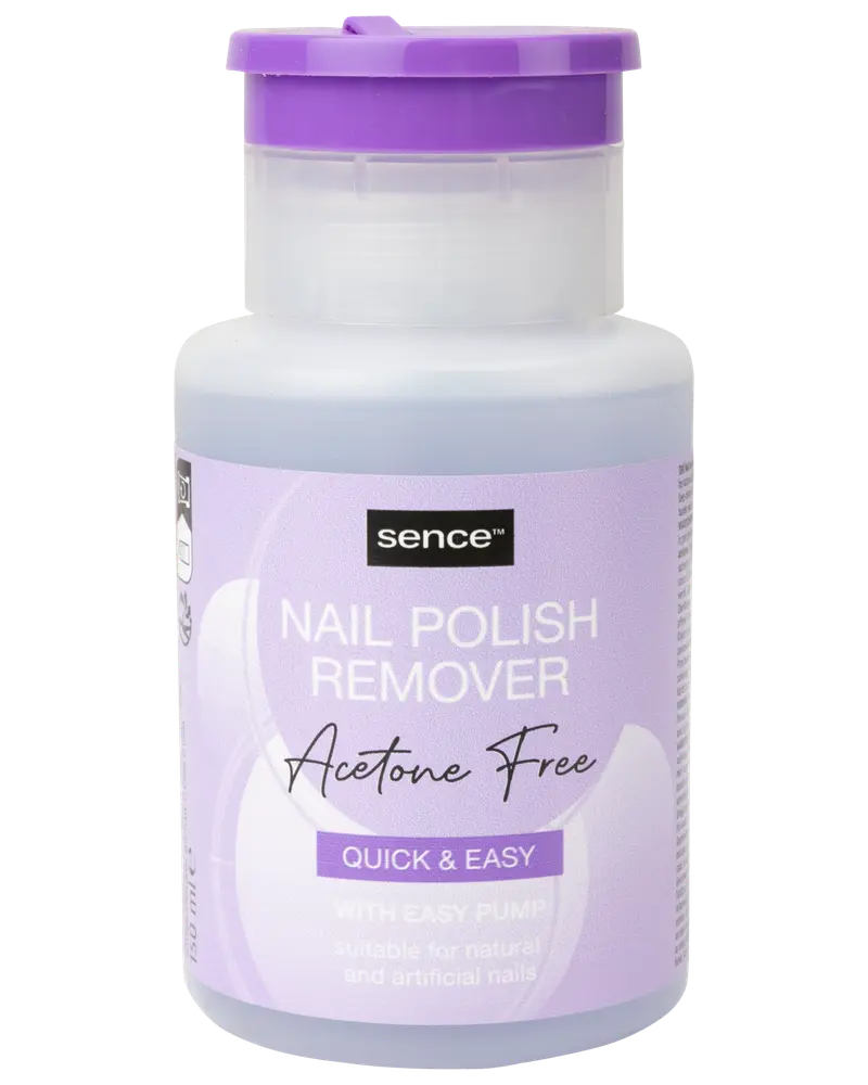 Sence neglelakfjerner uden acetone, 200 ml flaske med nem pumpe. Velegnet til naturlige og kunstige negle. Hurtig og nem formel i lilla beholder.