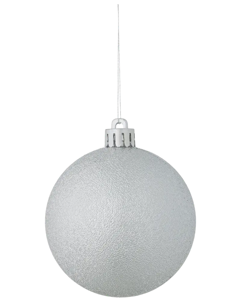 Silverfärgad julgranskula med matt, texturerad yta, metallfäste och upphängningsband. Cirka 8 cm i diameter, lätt och okrossbar. Perfekt för juldekoration.