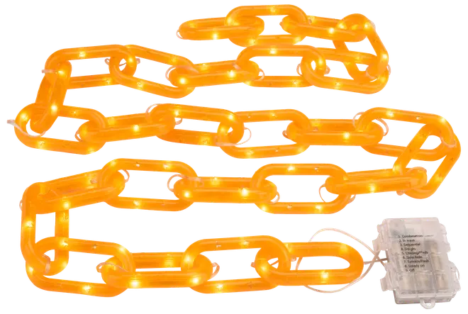 Orange plastikkæde med indbyggede LED-lys, batteridrevet med gennemsigtig batteriboks. Dekorativ, let og fleksibel til fester eller events. Ovale led, jævnt fordelt.