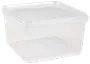 Transparent fyrkantig plastburk med tättslutande lock. Perfekt för förvaring av mat, rester eller organisering i skafferiet. Lätt, hållbar och enkel att rengöra.