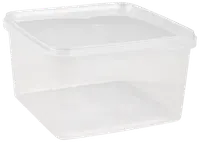 Transparent fyrkantig plastburk med tättslutande lock. Perfekt för förvaring av mat, rester eller organisering i skafferiet. Lätt, hållbar och enkel att rengöra.