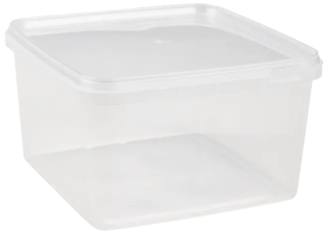 Transparent fyrkantig plastburk med tättslutande lock. Perfekt för förvaring av mat, rester eller organisering i skafferiet. Lätt, hållbar och enkel att rengöra.