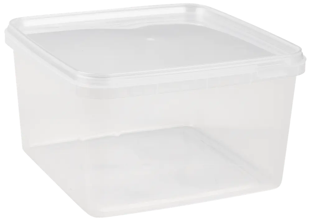 Transparent fyrkantig plastburk med tättslutande lock. Perfekt för förvaring av mat, rester eller organisering i skafferiet. Lätt, hållbar och enkel att rengöra.