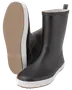 Sorte gummistøvler med hvide såler, slip-on design, tekstureret lysebrun ydersål for greb, mellemhøjt skaft og strop bagpå for nem påtagning.