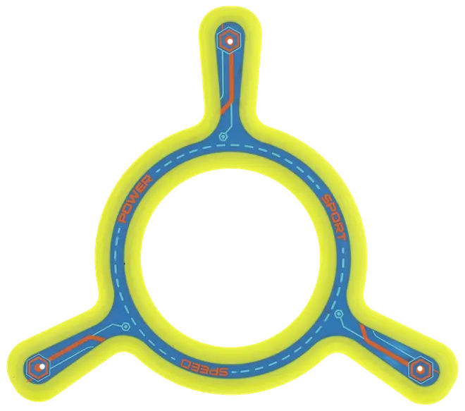 Trepunkts boomerangleksak med cirkulärt centrum, blå och neongul, märkt 'Power', 'Sport', 'Speed'. Tillverkad av lätt, hållbart material för utomhuskast.
