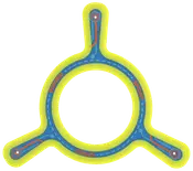 Trepunkts boomerangleksak med cirkulärt centrum, blå och neongul, märkt 'Power', 'Sport', 'Speed'. Tillverkad av lätt, hållbart material för utomhuskast.