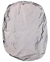 Sølvfarvet, oval bilovertræk af let, krøllet materiale med tre sorte trykknapper i venstre side. Beskytter bilen mod støv og vejr.