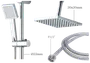 Krom brusesæt med firkantet hoved- og håndbruser, justerbar stang og fleksibel slange. Moderne design, flere dyser, passer til nutidige badeværelser. Mål: 20x20 cm, 122 cm slange.