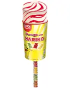 Push-up is med røde striber i gul tube mærket 'Haribo', med farverige vingummibamser i gennemsigtig pind nederst. Sjov og legende emballage til børn.