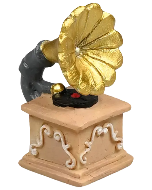 Miniature vintage grammofonfigur med guldfarvet horn, sort arm og beige dekoreret base.