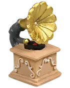 Miniature vintage grammofonfigur med guldfarvet horn, sort arm og beige dekoreret base.