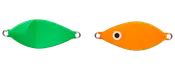 To fiskelignende fiskeluer, en grøn og en orange, hver med metalringe i begge ender; den orange har et trykt øje.