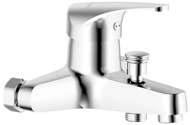 Krombelagt badeværelsesarmatur med enkelt håndtag, omskifterknap og to vandudløb. Moderne design, velegnet til badekar eller bruser. Holdbar metal konstruktion med blank finish.