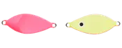 To fiskelokker: en klar pink og en lys gul med øje og metalringe i begge ender.