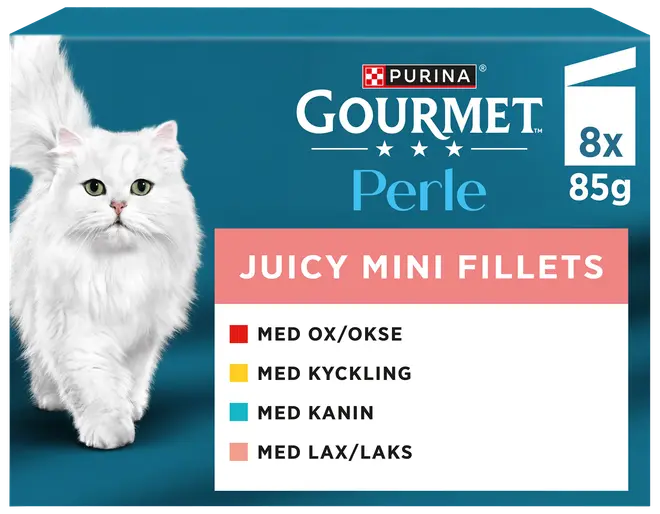 Purina Gourmet Perle Juicy Mini Fillets kattmat, 8 x 85g, blandade smaker: nötkött, kyckling, kanin, lax. Blå förpackning med vit katt.