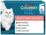 Purina Gourmet Perle Juicy Mini Fillets kattmat, 8 x 85g, blandade smaker: nötkött, kyckling, kanin, lax. Blå förpackning med vit katt.
