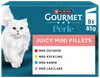 Purina Gourmet Perle Juicy Mini Fillets kattmat, 8 x 85g, blandade smaker: nötkött, kyckling, kanin, lax. Blå förpackning med vit katt.