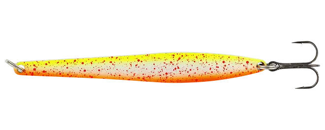 Blødt fiskelokke med gul-til-orange gradient, røde pletter, langstrakt krop og fast treblekrog.
