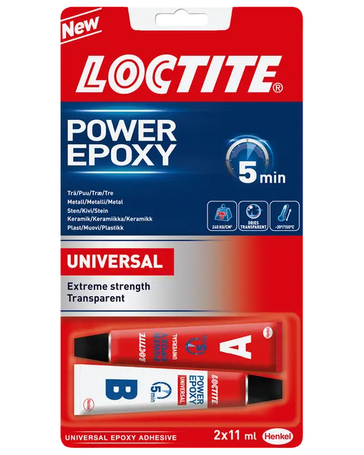 Loctite Power Epoxy Universal lim, 2 tuber (A og B), 11 ml hver. Ekstrem styrke, transparent, hærder på 5 minutter. Til træ, metal, sten, keramik, plast.