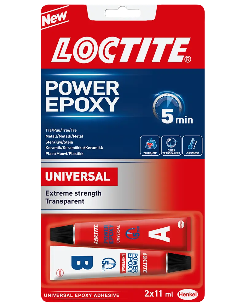 Loctite Power Epoxy Universal lim, 2 tuber (A og B), 11 ml hver. Ekstrem styrke, transparent, hærder på 5 minutter. Til træ, metal, sten, keramik, plast.