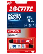 Loctite Power Epoxy Universal lim, 2 tuber (A og B), 11 ml hver. Ekstrem styrke, transparent, hærder på 5 minutter. Til træ, metal, sten, keramik, plast.