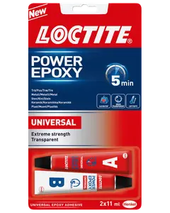 Loctite Power Epoxy Universal lim, 2 tuber (A og B), 11 ml hver. Ekstrem styrke, transparent, hærder på 5 minutter. Til træ, metal, sten, keramik, plast.