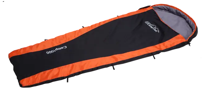 Mumieformet sovepose med sort midte og orange kanter, hætte og gråt indre for. Letvægtsdesign, ideel til camping, mærket 'Camp 1000' på ydersiden.