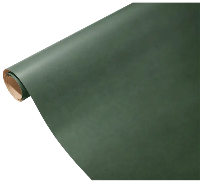 En rulle mat mørkegrønt gavepapir med glat overflade, uden mønster, velegnet til indpakning eller hobby. Papiret er rullet om en papkerne.