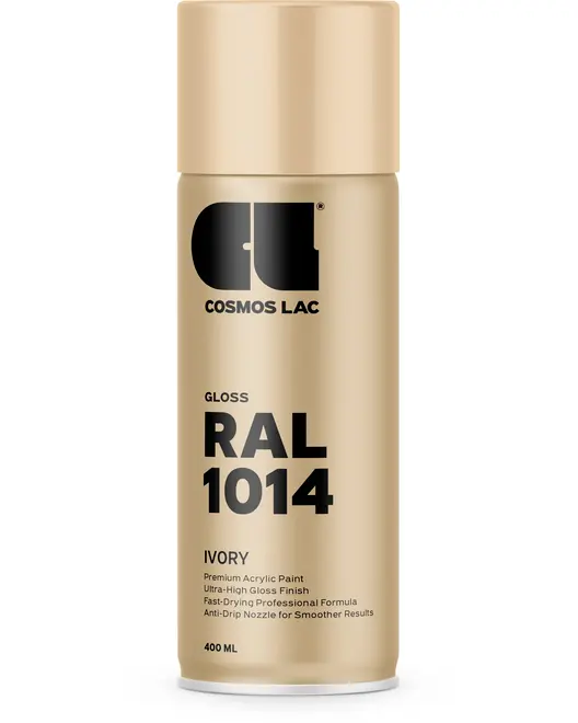 Ivory glans spraymaling, 400 ml dåse, RAL 1014 farve. Premium akryl, ultrahøj glans, hurtigtørrende, anti-dryp dyse. Til professionelle og glatte resultater.