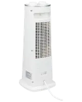 Vit tornfläktvärmare med ventilationsgaller bak, strömkabel och kontrollpanel upptill. Smal, vertikal design för små utrymmen. Säkerhets- och certifieringsetiketter på baksidan.