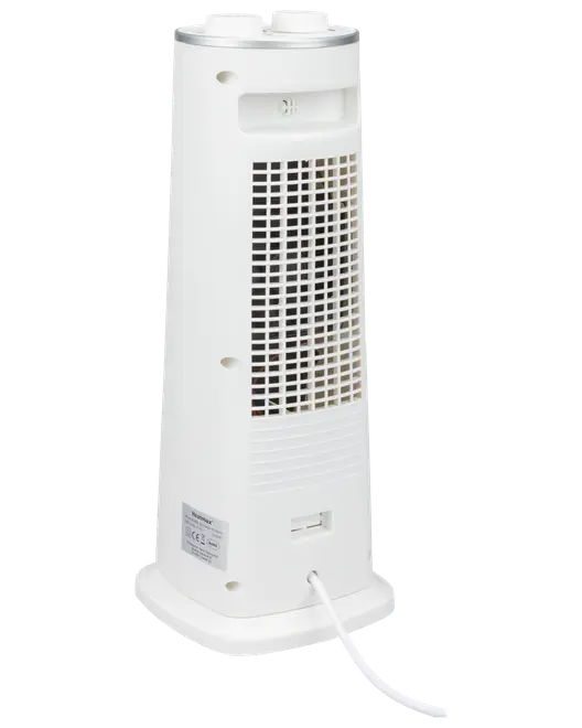 Hvidt tårnvarmeapparat med bagudvendt ventilationsgitter, ledning og kontrolpanel på toppen. Slankt, lodret design, der passer til små rum. Sikkerheds- og certificeringsmærkater bagpå.