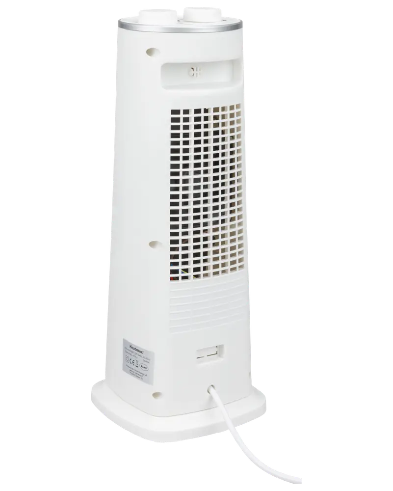 Vit tornfläktvärmare med ventilationsgaller bak, strömkabel och kontrollpanel upptill. Smal, vertikal design för små utrymmen. Säkerhets- och certifieringsetiketter på baksidan.