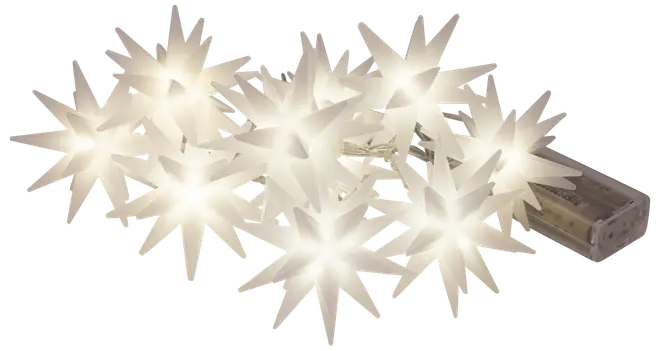 Lyskæde med stjerneformede LED-lys i hvid plast, der udsender et varmt hvidt skær. Batteridrevet med gennemsigtig boks, velegnet til indendørs dekoration.