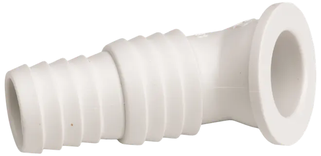 Vit plastslangkoppling med räfflad design för säker fastsättning, flänsad ände för enkel anslutning, passar VVS eller vätsketransport.