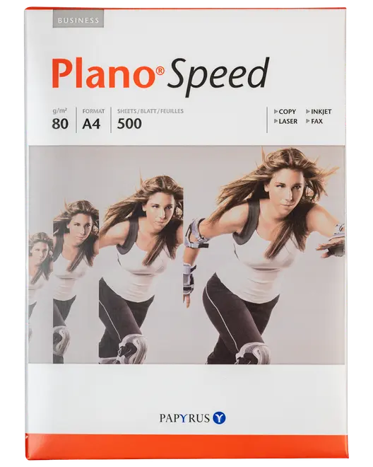 Plano Speed A4 kopipapir, 80g/m², 500 ark pr. pakke. Velegnet til laser, inkjet og fax. Emballagen viser en kvinde på rulleskøjter, ansigtet er sløret.