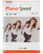 Plano Speed A4 kopipapir, 80g/m², 500 ark pr. pakke. Velegnet til laser, inkjet og fax. Emballagen viser en kvinde på rulleskøjter, ansigtet er sløret.