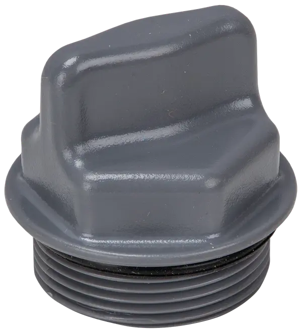 Grå plastlock med gängor och räfflat grepp, avsett för att täcka eller försluta röröppningar. Robust design med upphöjt, lättvridet handtag.