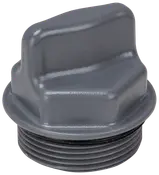 Grå plastlock med gängor och räfflat grepp, avsett för att täcka eller försluta röröppningar. Robust design med upphöjt, lättvridet handtag.