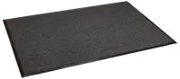 Rektangulär mörkgrå dörrmatta med räfflad yta och svart gummikant, avsedd för inomhus- eller utomhusbruk för att samla upp smuts och fukt från skor.