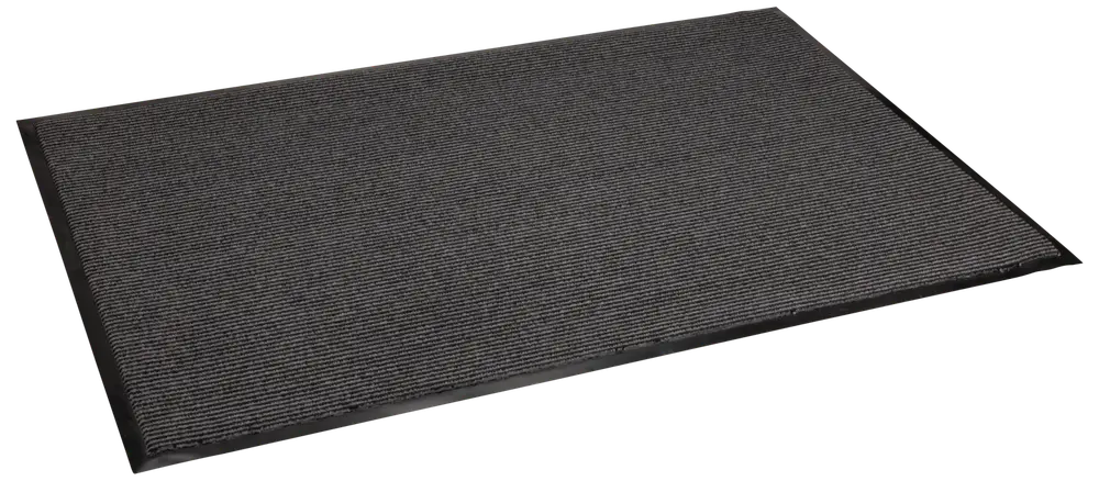 Rektangulär mörkgrå dörrmatta med räfflad yta och svart gummikant, avsedd för inomhus- eller utomhusbruk för att samla upp smuts och fukt från skor.