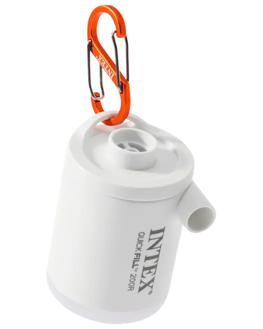 Hvid Intex Quick-Fill 200R elektrisk luftpumpe med sideventil og orange karabinhage til nem transport. Kompakt, bærbar design til oppustning af luftmadrasser og badelegetøj.
