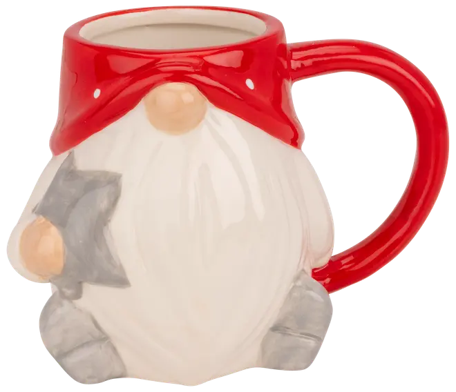 Keramikkopp formad som en tomte med röd luva, vitt skägg och grå stövlar. Handtaget är rött och tomten håller en grå stjärna. Festlig design.