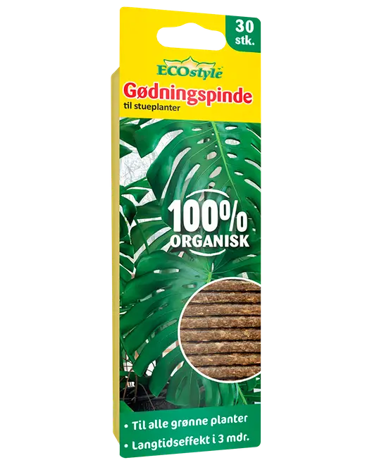 Gul og grøn EcoStyle gødningspinde til stueplanter, 30 stk., 100% økologisk, langtidseffekt.