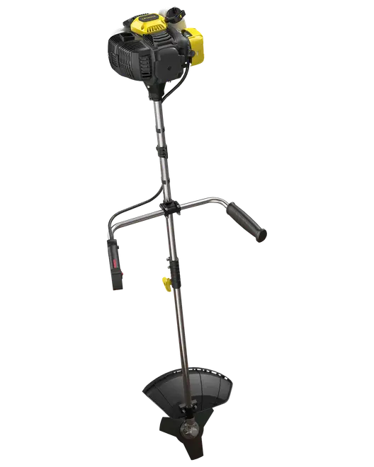Benzindrevet buskrydder med dobbelte håndtag, metalblad og beskyttelsesskjold. Ergonomiske greb og robust skaft til effektiv trimning af kraftigt græs og ukrudt.