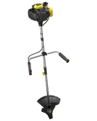 Benzindrevet buskrydder med dobbelte håndtag, metalblad og beskyttelsesskjold. Ergonomiske greb og robust skaft til effektiv trimning af kraftigt græs og ukrudt.