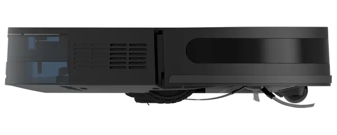 Sort robotstøvsuger med slankt, rundt design, sidebørster og synligt støvbeholderrum. Velegnet til automatisk gulvrengøring og lav profil for nem adgang under møbler.