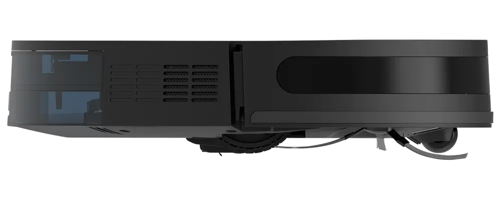 Sort robotstøvsuger med slankt, rundt design, sidebørster og synligt støvbeholderrum. Velegnet til automatisk gulvrengøring og lav profil for nem adgang under møbler.